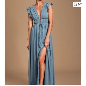 Lulu’s I’m All Yours Slate Blue Ruffle Maxi Flutter Sleeve Elegant Dress NWT